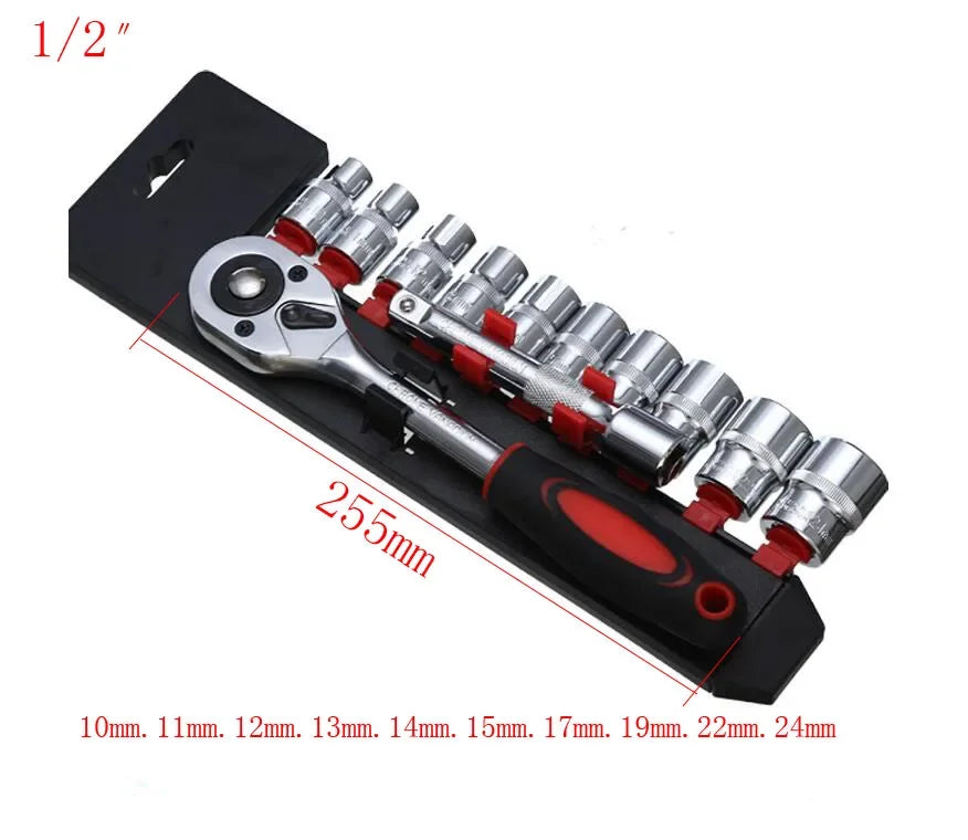 12 Piece Ratchet Socket Wrench Set, 1/4 3/8 1/2 Inch, Multifunctional Socket Wrench, Car and Motorcycle Repair Tool Set