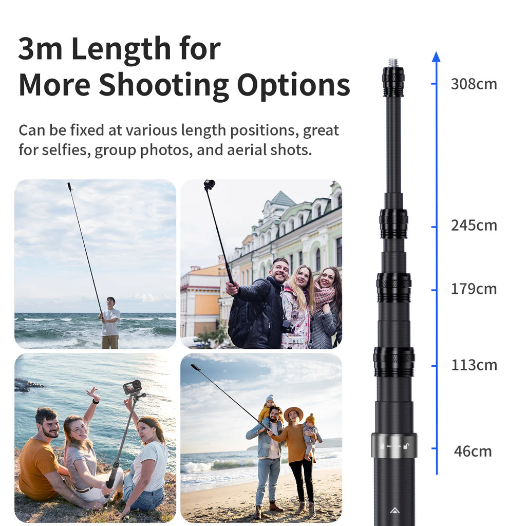 AMagisn 3M Invisible Selfie Stick, Carbon Fiber Extended Monopod 118' for Gopro Max DJI 360 Insta360 X3 X4 Air X5 Accessories