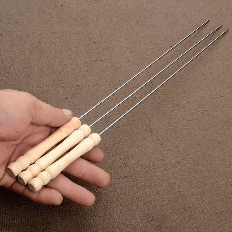 38CM Hot BBQ Skewers Long Handle Shish Kebab Barbecue Grill Sticks Wood BBQ Fork Stainless Steel Outdoor Bold Round Sign Needle
