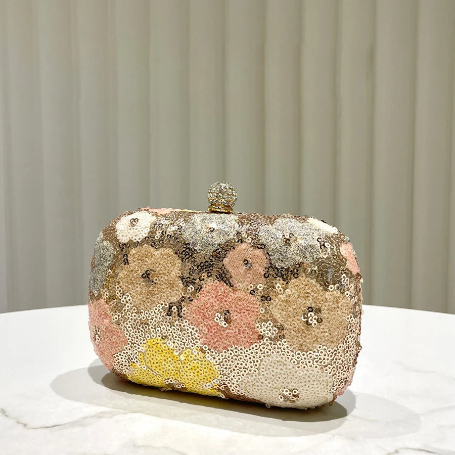 New Handbag Women's Sequin Flower Hand-Held Cross-Body Clutch Purse Cheongsam Chains Small Box Bag Gold Bag Evening Bag Bolsa
