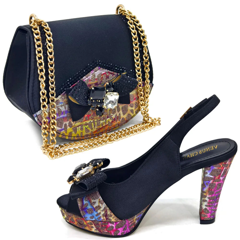 Newest Pink Color Pumps Women High Heels Decorated with Rhinestone Flower Design Party Women's Shoes and Bags Set