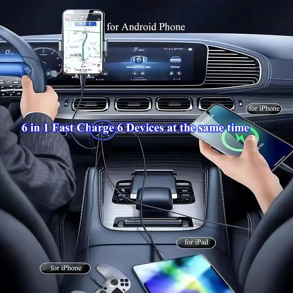 6-in-1 Super Fast Car Charger Adapter with LED Voltage Display, Car Plug Powered Phone Charger for Smart Devices like Tablet