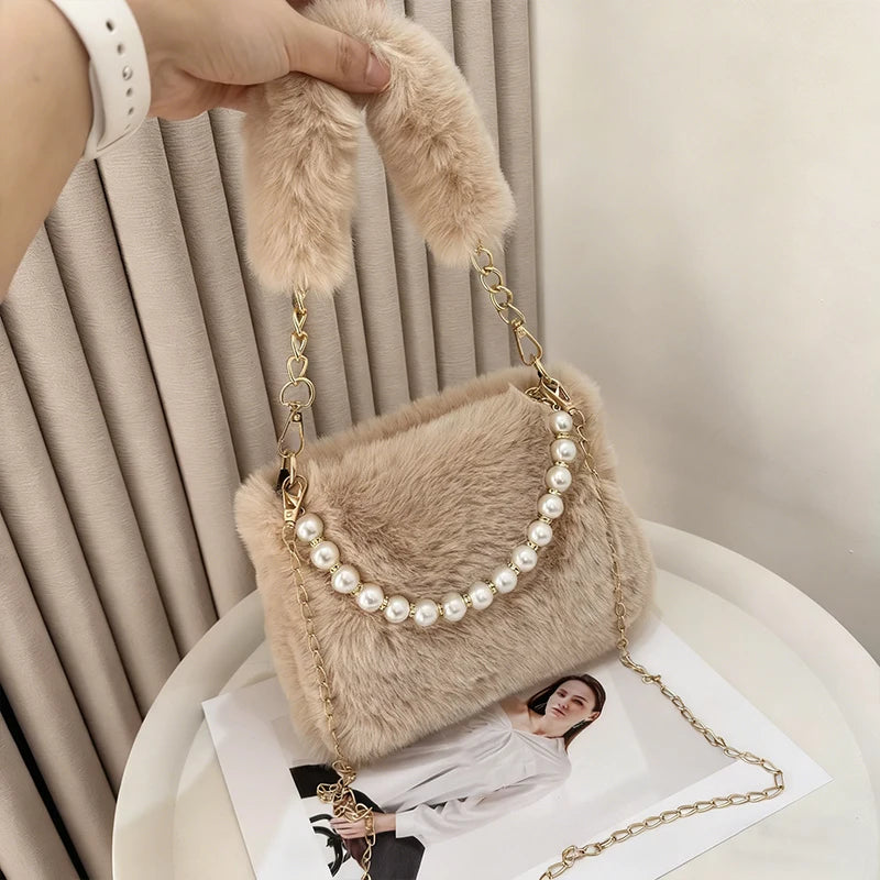 Fashionable Pearl Rabbit Fur Handbag Women's Crossbody Bag Chain Design Winter Small Versatile Shoulder Bag