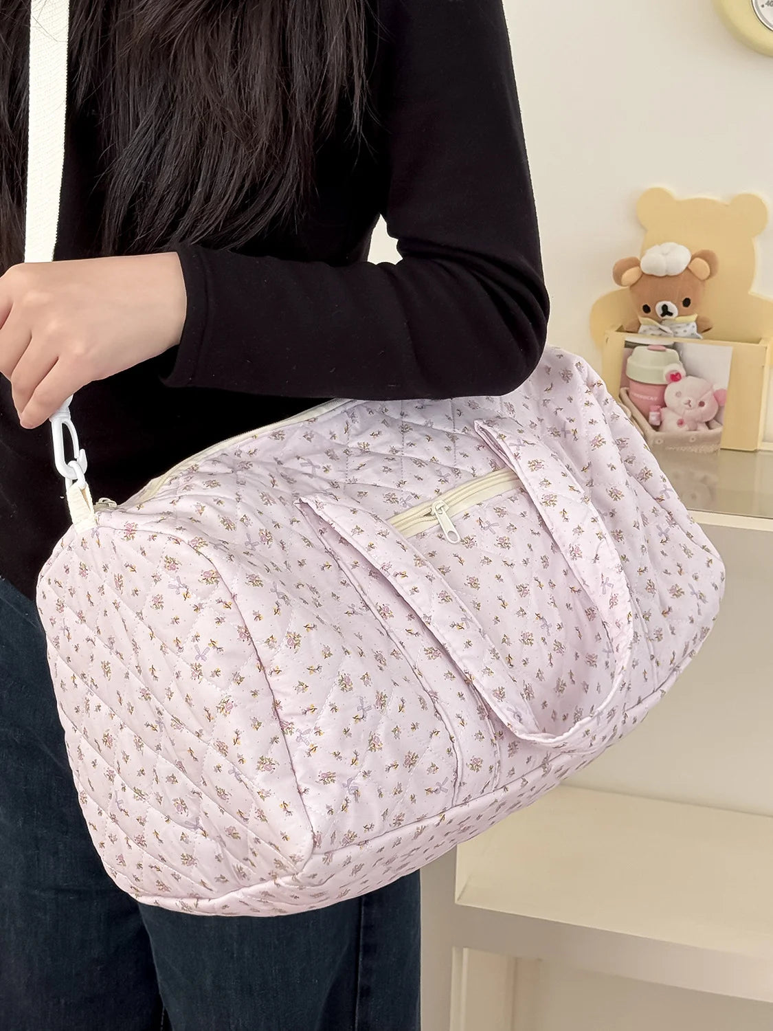 Large-capacity lightweight luggage bag, hand-held crossbody Boston bag, small floral quilted travel bag, ins style