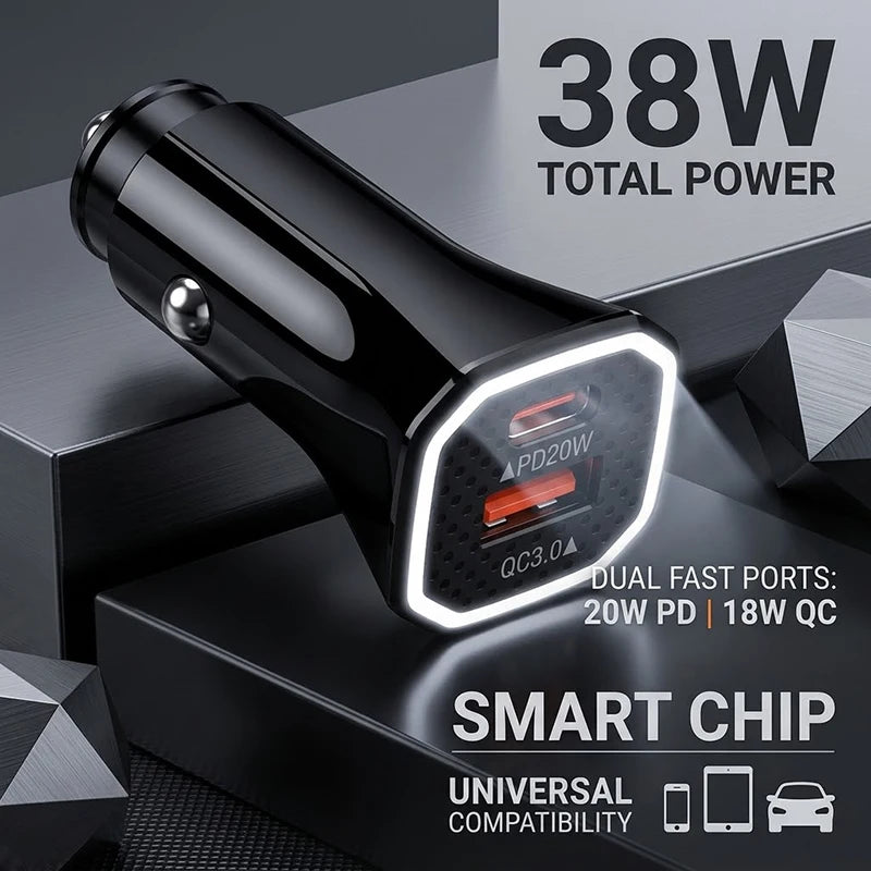 Fast Charging Auto Car Adapter 38W Dual Ports PD20W And QC3.0 Cigarette Lighter Plug With Ambient Light Ring For Mobile Phones