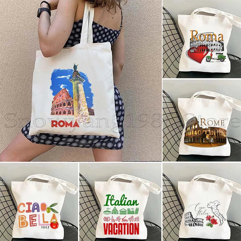 Funny Ciao Bella Saying Italy Flag Rome Colosseum Firenze Florence Panorama Italian Canvas Tote Bag Shopper Girl Casual Handbag