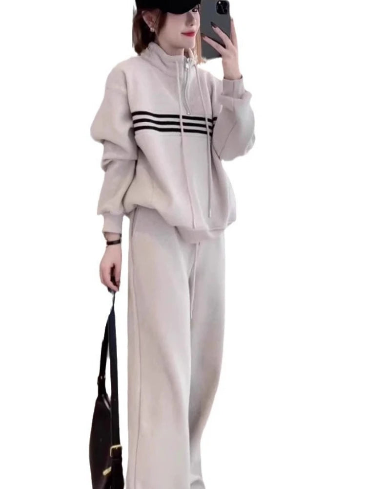 Thickened Design Striped Sweatshirt Set Women's New Autumn Fleece Wide Leg Casual Sweatpants Long-sleeved Top Two Piece Set