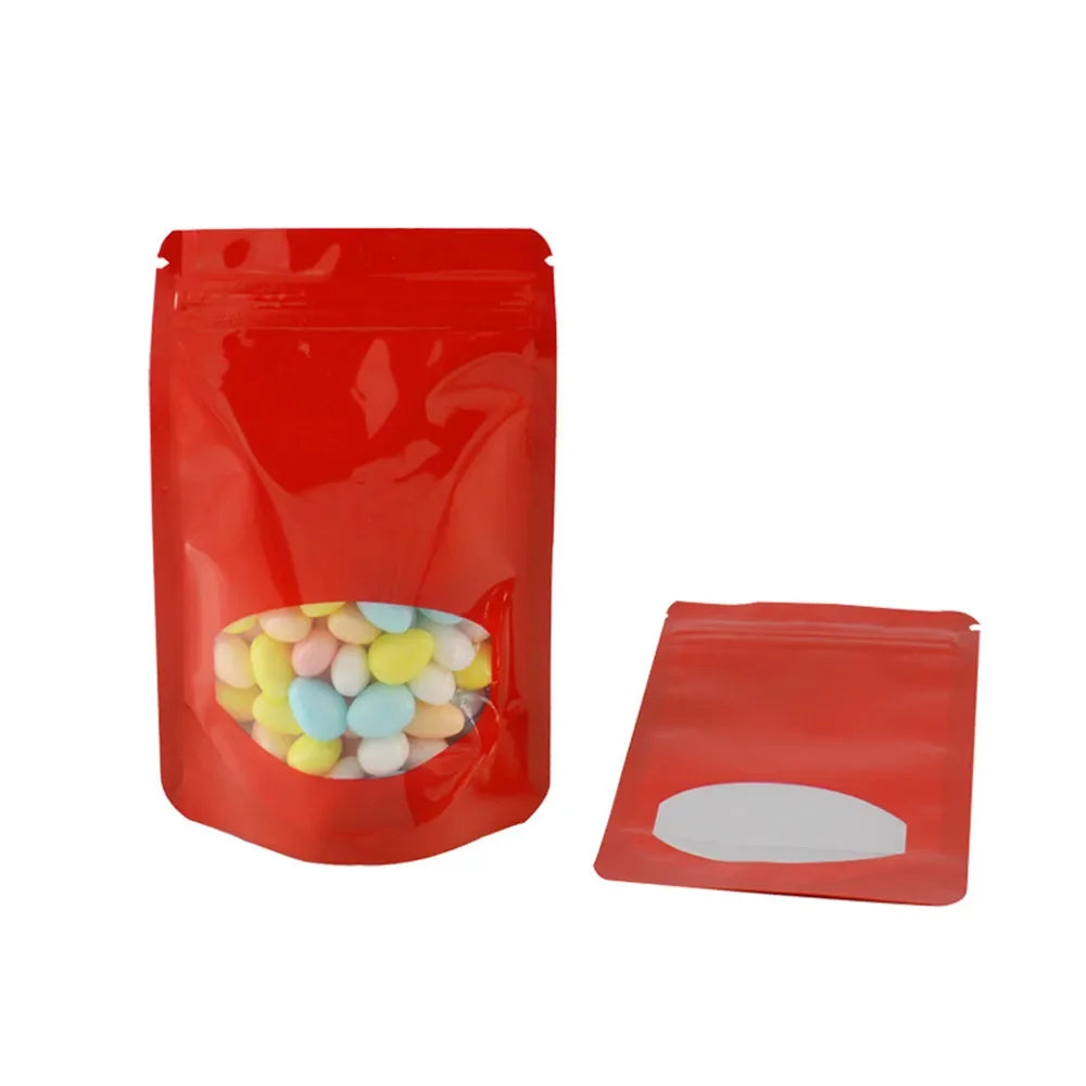100Pcs Glossy Colors Aluminum Foil Stand Up Zip Lock Pouches with Clear Window Plastic Packaging Bag Gift Snacks Beans