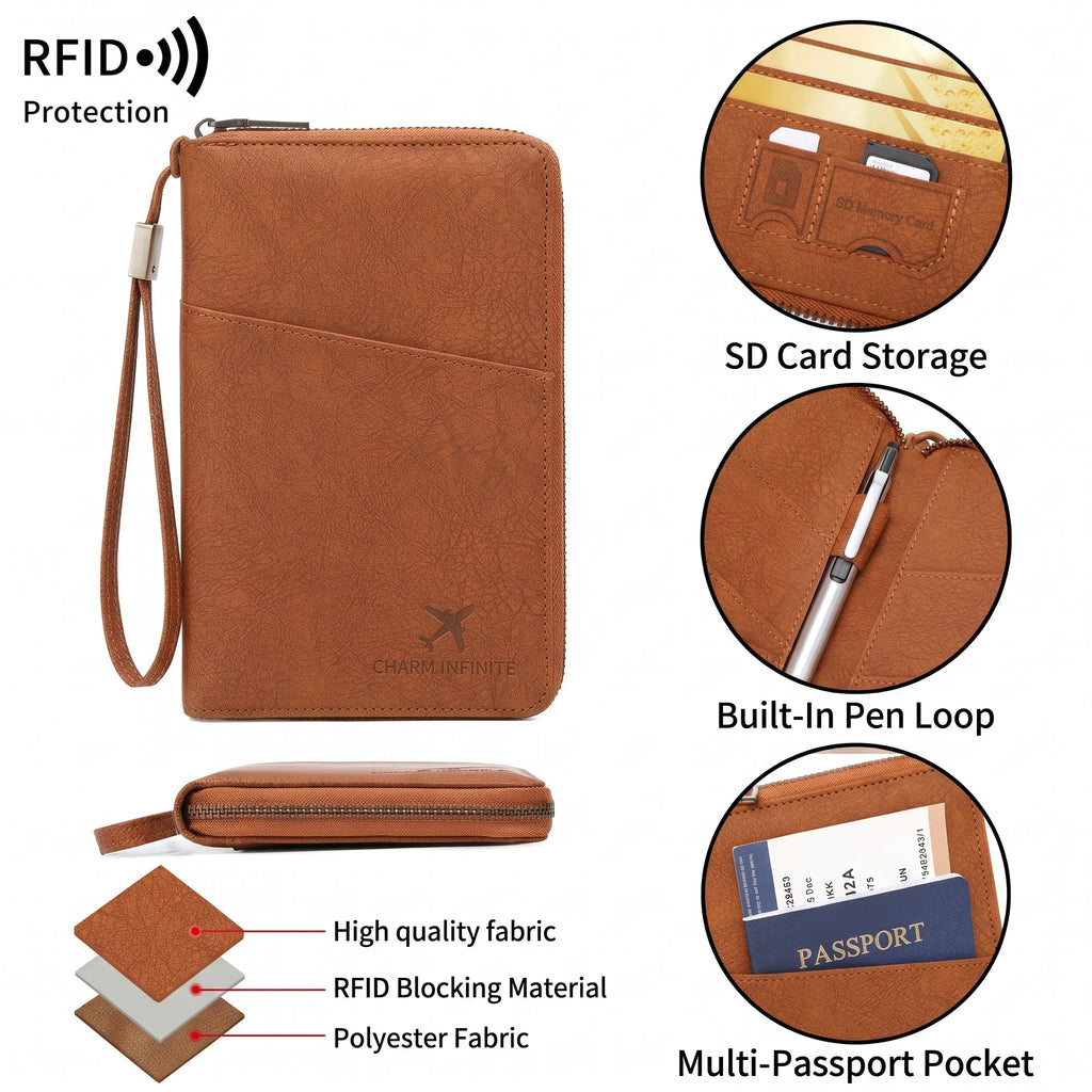 Multi-Functional RFID Blocking Passport Wallet Zipper Travel Document Holder Wrist Strap Multi Passports Card Ticket Organizer