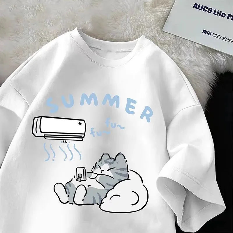 Plus Size Summer Japanese Cartoon Cute Cat Fun Print Short Sleeve T-shirt Women's Loose Casual Half Sleeve Soft Bottom Shirt Top
