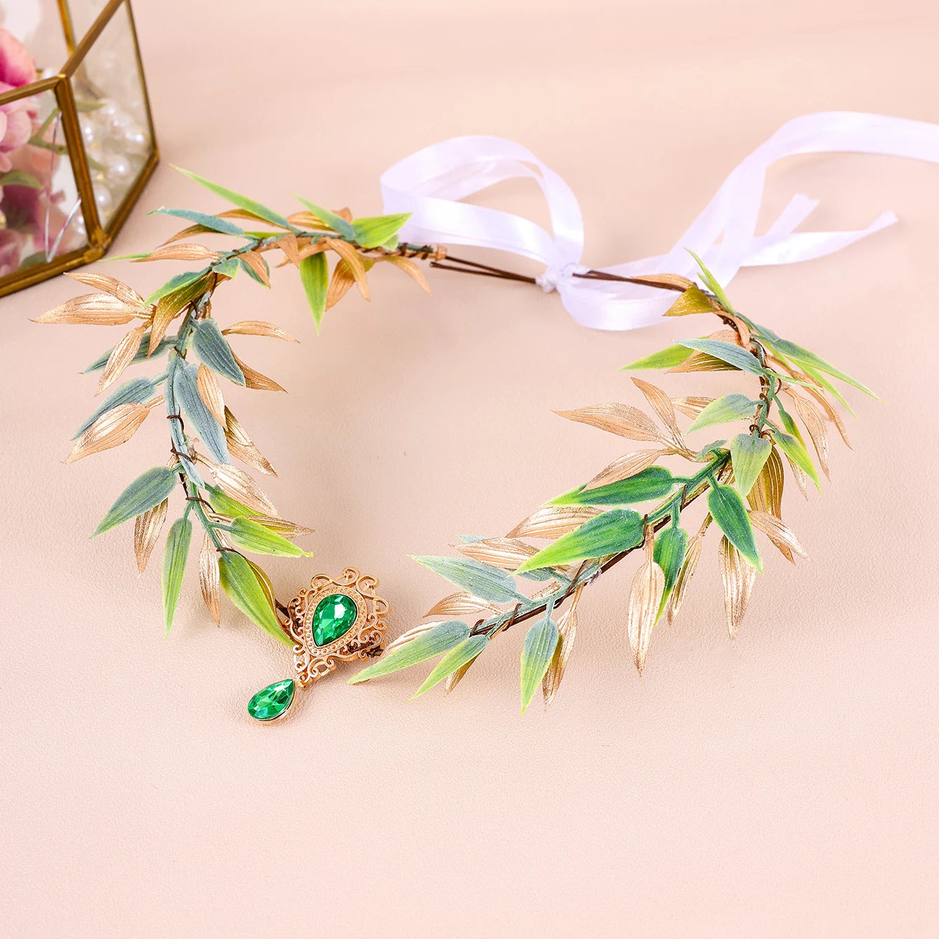 Retro Fairy Leaf Rhinestone Headband Elf Ears Woven Forest Garland Tiara Girl Elven Headpiece for Role-playing Party Costume