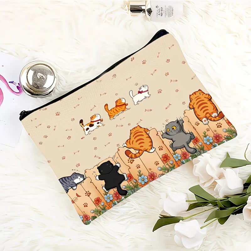 Multi Style Cat Printed Canvas Bag With Zipper Hand-Held Coin Purse Cosmetics Storage Fade-Resistant Cosmetic Bag Gift Friends