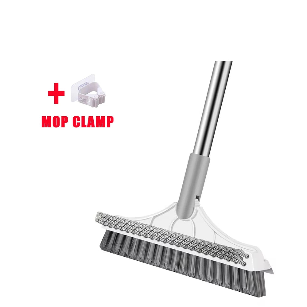 Scrub Brush Tile Cleaner Brush with Scraper with Squeeze 3-Section Adjustable Bathroom Brush with Long Handle V-Shaped Bristles