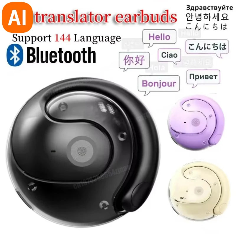 Wireless Bluetooth AI Real-time Language Translation Earphones 144 Languages Ear Hanging Headphone Translator For Business 2026