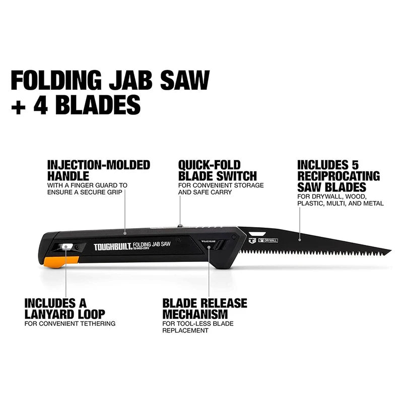 TOUGHBUILT TB-H4S5-23FU Folding Jab Saw With 4 Blades For Wood Plastic Multi Metal Includes Storage Case Reciprocating Saw