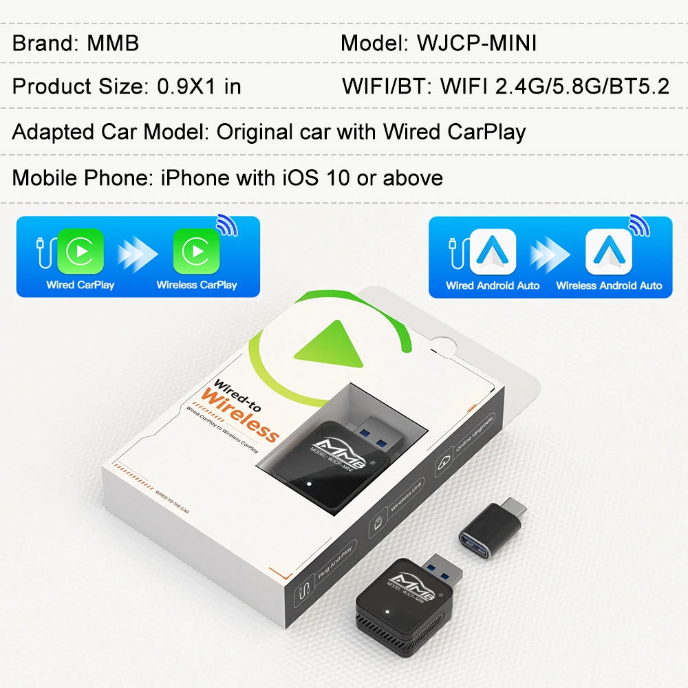 MMB Mini Ultra 2in1 Wireless CarPlay Adapter Android Auto Dongle Wired to Wireless CarPlay & Android Auto Plug&Play for 98% Cars