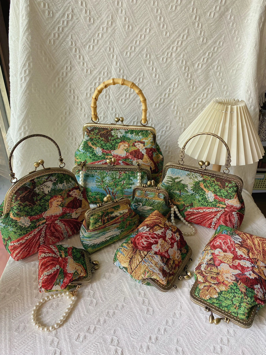 Lost in Vintage 1950s Tapestry Figural Purse Aubusson Clutch Figural Bamboo Handle Bag Vibrant Scenic and Romantic Figures Lamb
