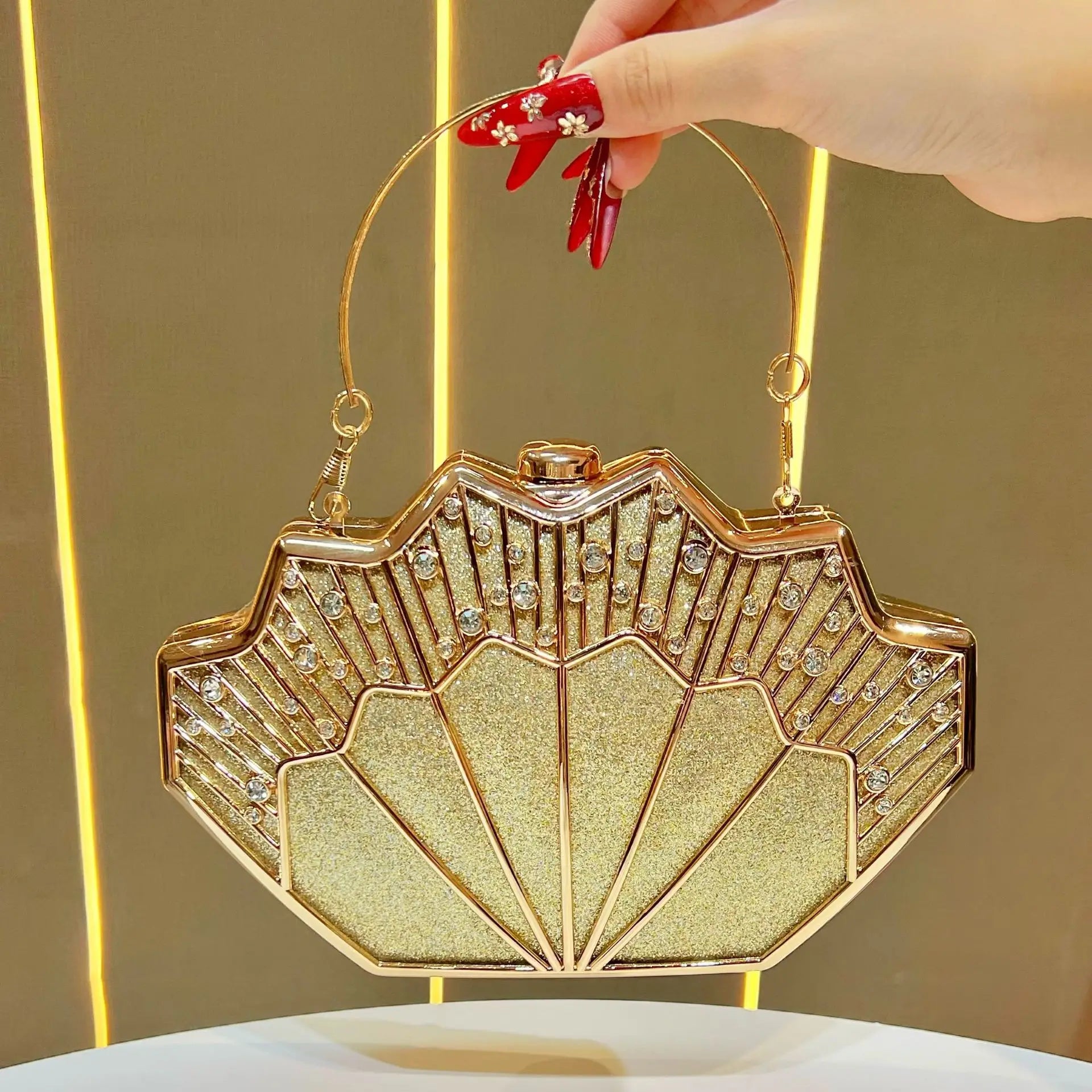 Luxury Fan-shaped Shiny Diamond Studded Women's Evening Bag Creative Branch Design Female Handbag Shoulder Bag for Wedding Party