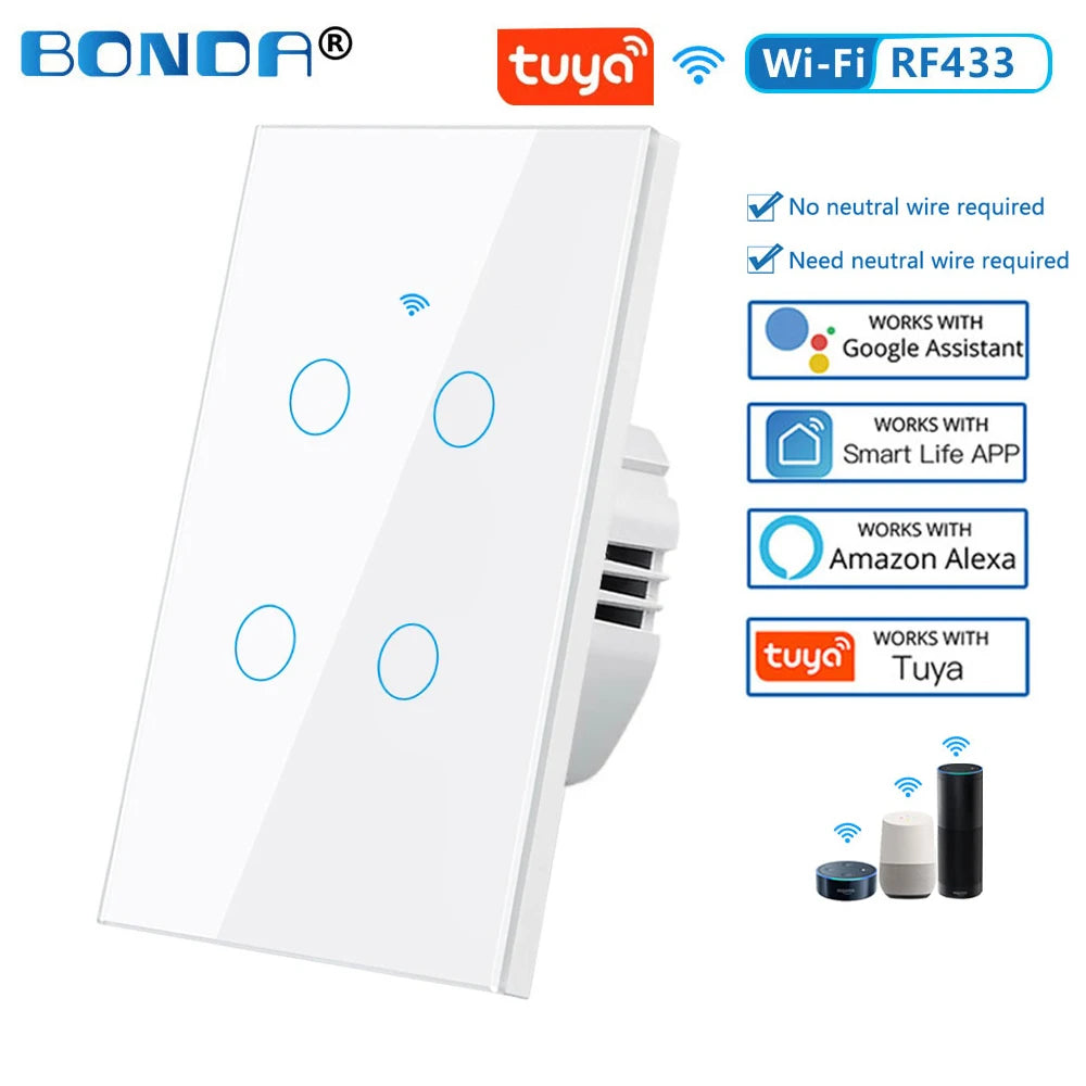 Tuya WiFi Smart Light Switch RF433 No Neutral Wire Required Wall Touch Sensor Switch Voice Control Work with Alexa Google Home 4