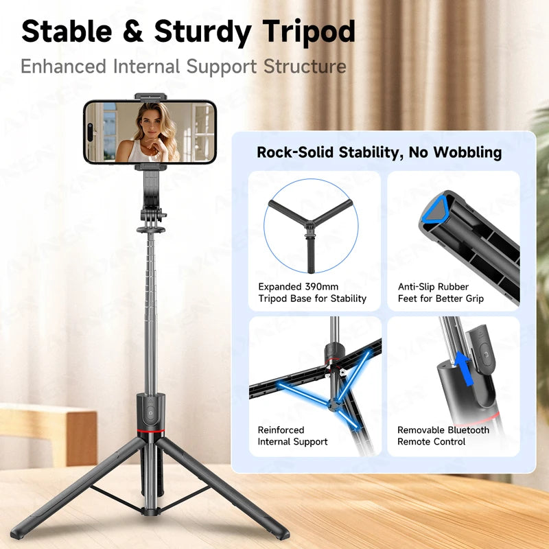 AXNEN F15 Extendable Selfie Stick Tripod 1717mm Stand for Cell Phone Removable Bluetooth Remote 360° Rotation Fill Light Option