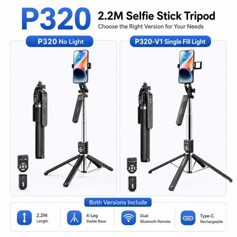 P320 Long Stainless Steel Selfie Stick, 4-Leg Bluetooth Phone Tripod Stand with Dual Remote for Live Streaming and Photography