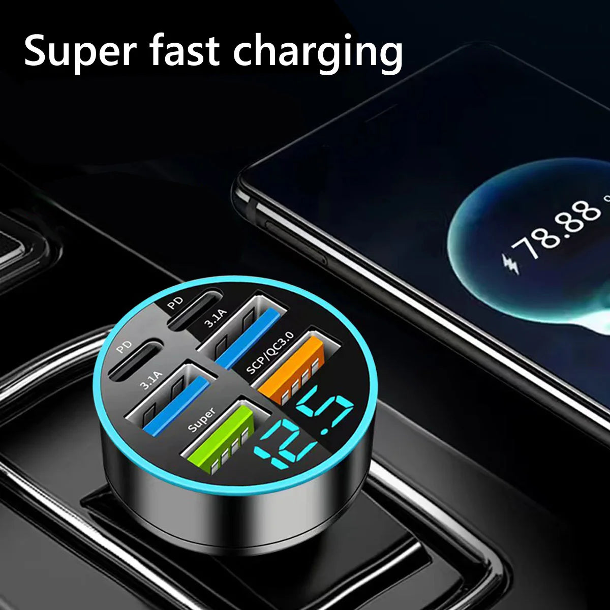 Car-mounted super fast charging charger, car-mounted adapter, USB charging with multiple interfaces, 6-in-1 universal car charge