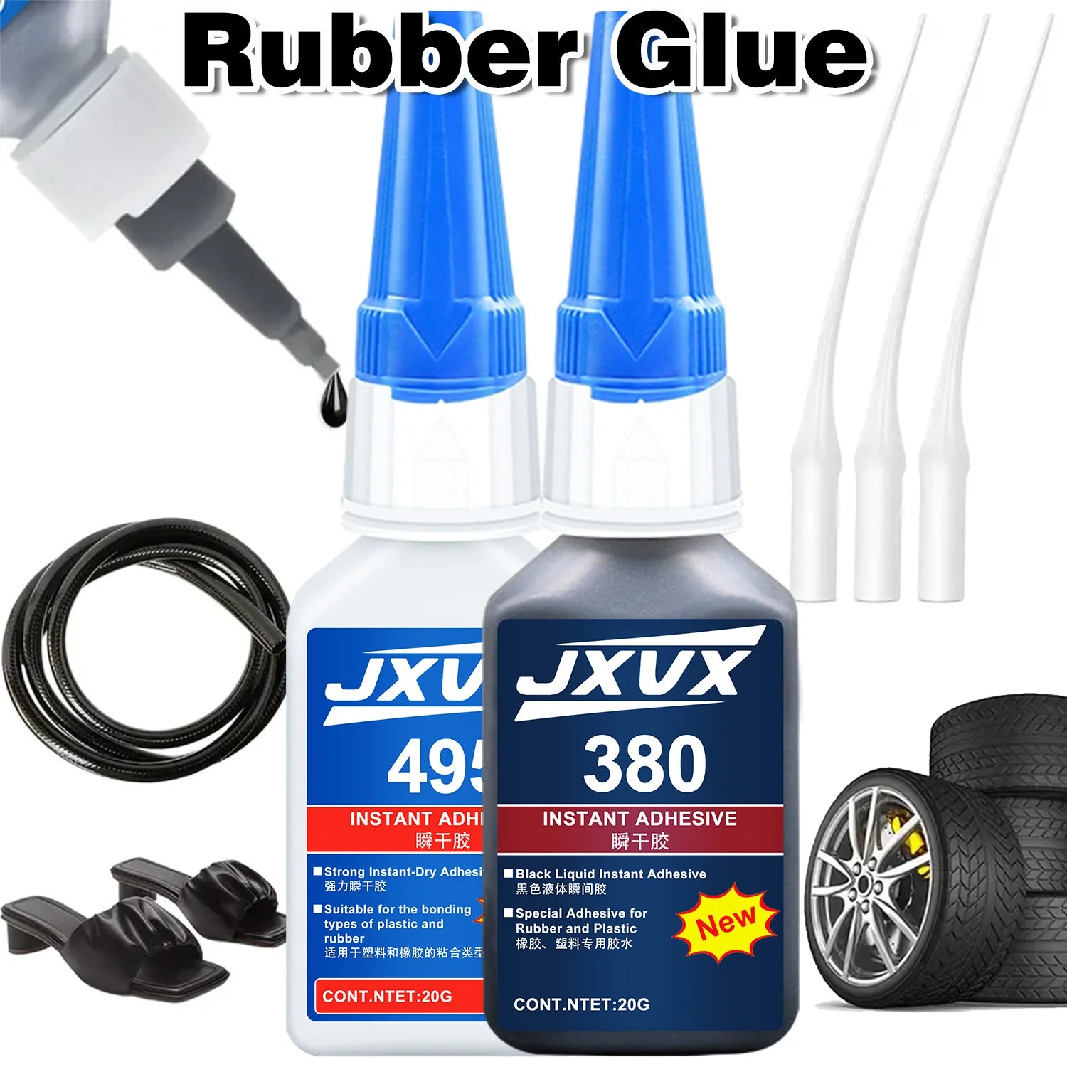 380/495 Black Super Strong Rubber Glue Instant Quick-drying Black Cyanoacrylate 100% Original Adhesive Specially Formulated for Rubber, Leather, Tires, and Plastics Liquid Glue Tool 1-8PCS.