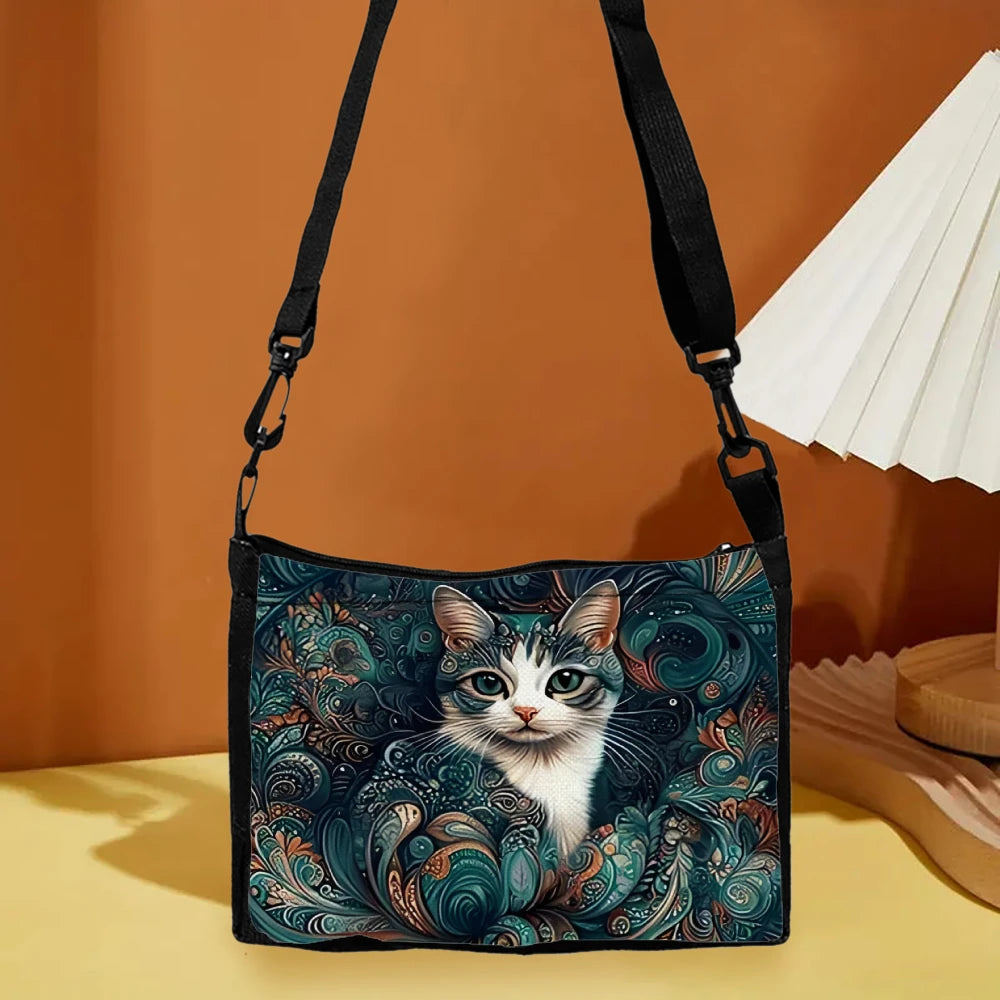 Chic Black Cat & Floral Pattern Shoulder Bag Women's Stylish Lightweight Crossbody Bags Adjustable Strap Camping Storage Bag