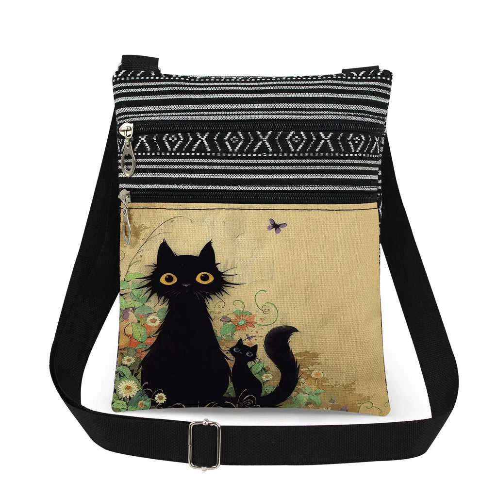 Cute Cartoon Black Cat Print Crossbody Bags Shoulder Bags For Women Daily Travel Portable Small Messenger Bags Catkeeper Gift