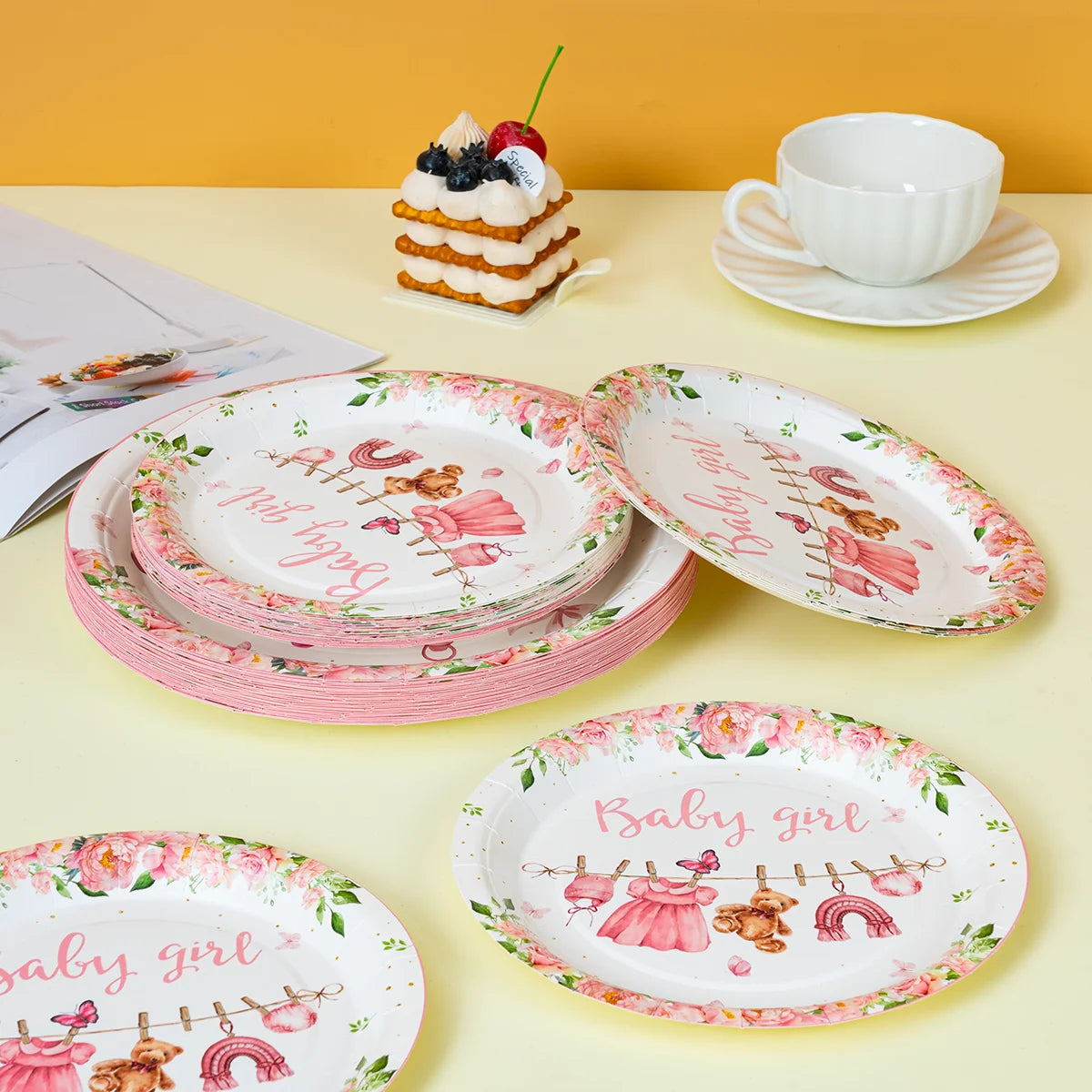 10/25/50pcs Pink Floral Baby Girl Disposable Paper Plates, Cute Themed Tableware for Baby Shower Decor