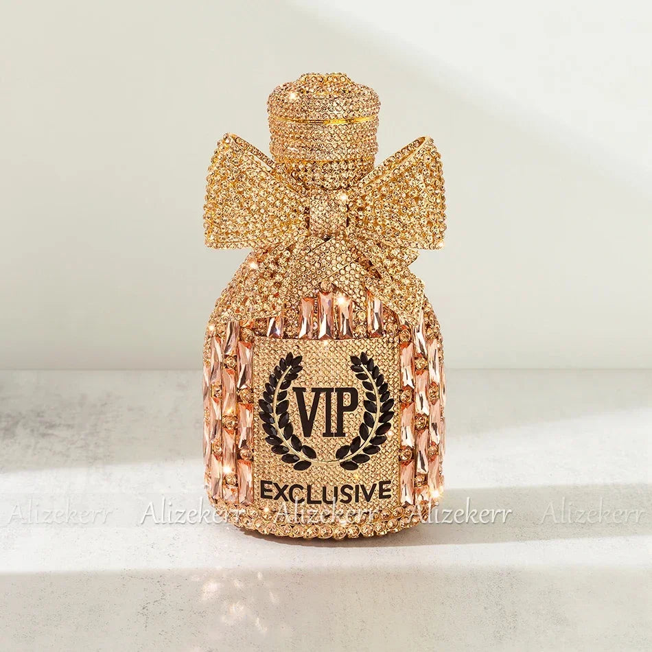 Alizekerr Champagne Bottle Shaped Bow Crystal Evening Bags Women Gorgeous Unique Bling Diamond Metal Clutch Purses Wedding Party