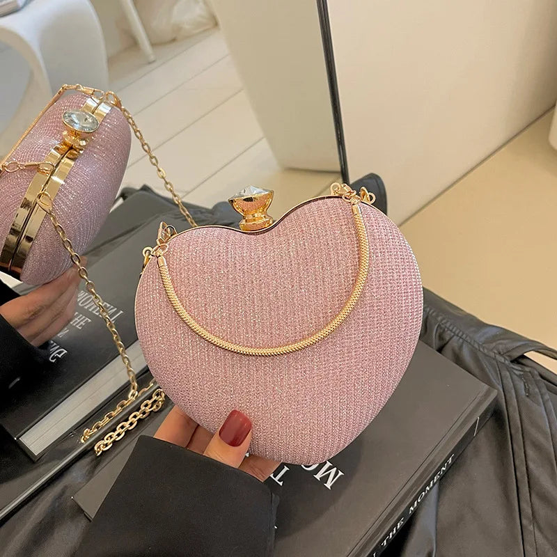 Evening Clutch Bag Women Shiny Handbag Heart Shape Metal Clutches Bag Fashion Chain Shoulder Crossbody Bags Luxury Lady Purse