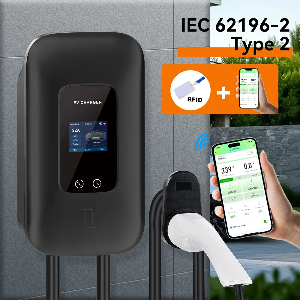 IPENGEN Type2 EV Charger Station 32A 7KW Charging Station 11KW 22KW 3Phase IEC 62196-2 EVSE Wallbox Smart Wireless APP Control
