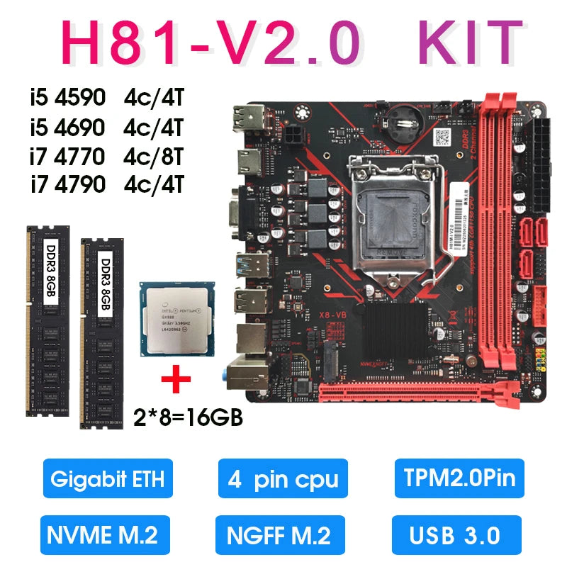 H81 Desktop PC TPM 2.0 PIN Mini ITX Motherboard Set Kit with I5 4590 4690 I7 4770 4790 CPU and 16GB DDR3 1600MHz Memory Set Kit