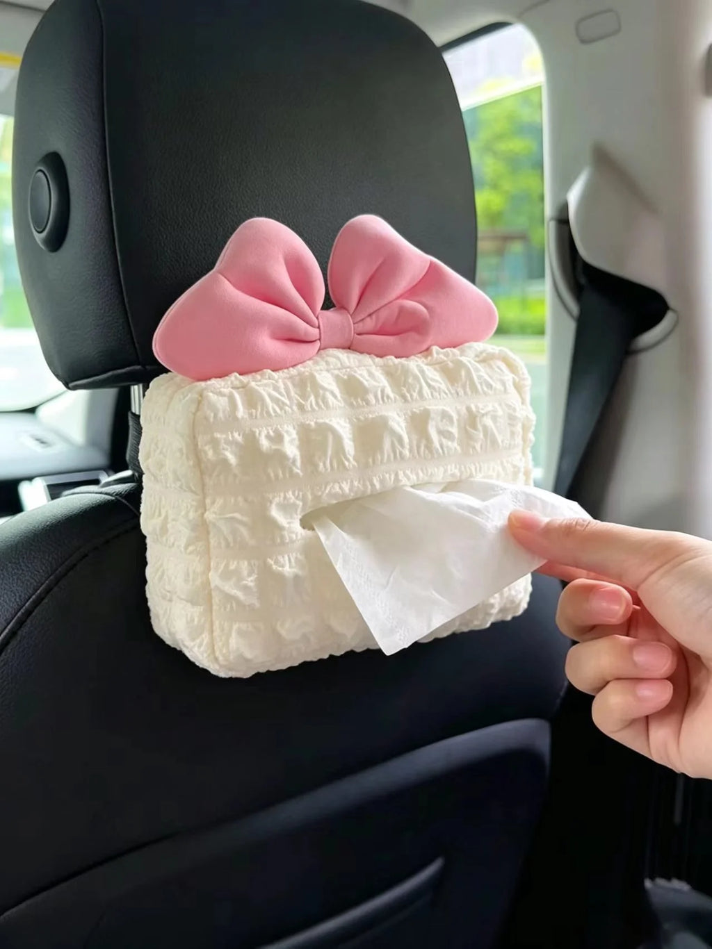 Cute Pink Bow Car Tissue Box Cover, Bubble Plaid Car Headrest Hanging Napkin Holder, Universal Car Backseat Paper Storage Bag, Car Interior Accessories—Designed Specifically for Women