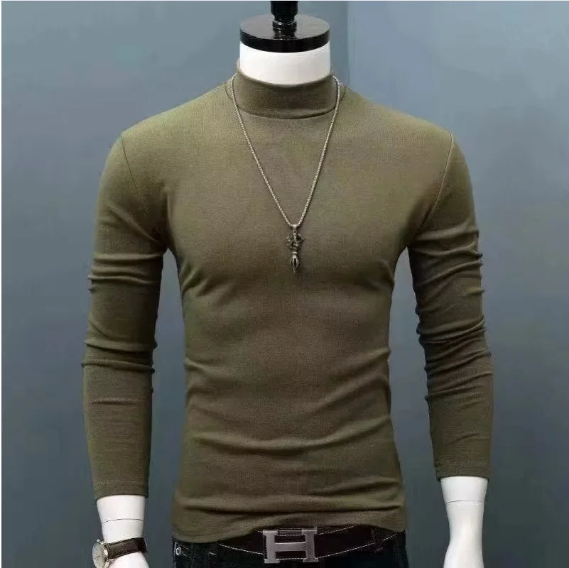 2026 Autumn Winter Men's High Neck T-shirt Slim Fit Fashion High Elastic Long Sleeve Cotton Casual Breathable Apparel Pullover