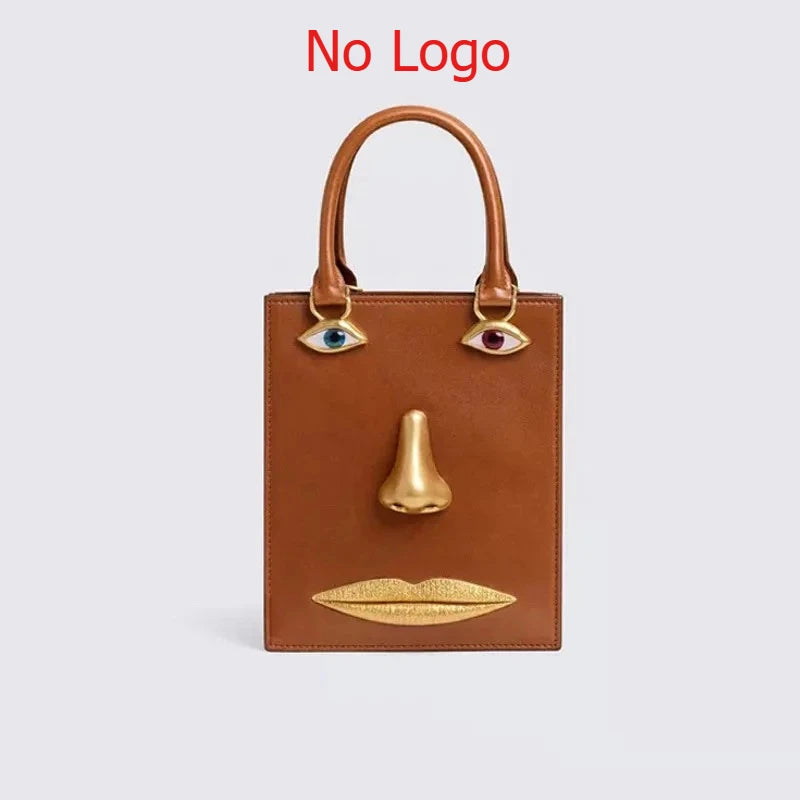 Face Bag Women High Quality Black Leather Luxury Brands Handbag Jewelry Eyes Gold-tone Metal Shoulder Strap Crossbody Bags