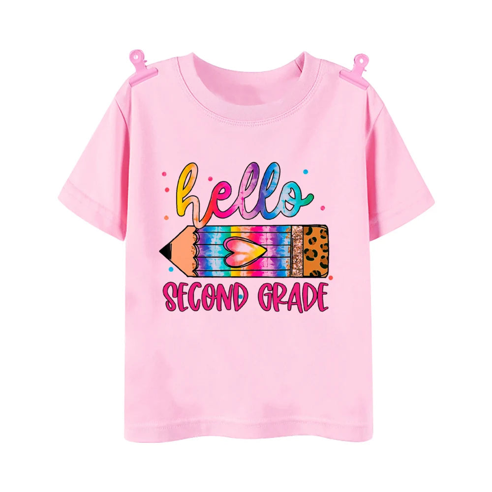 Hello First Grade Leopard Printed Kids Shirt 1-5 Grade Child Back To School Outfit  T-shirt Boys Girls Short Sleeve Tee Clothes