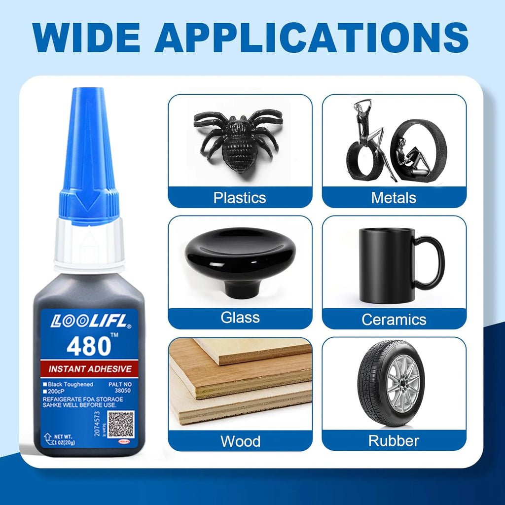 LOOLIFL 480 Upgrade Kit Black Super Glue Cyanoacrylate Adhesive Fast Plastic Wood Metal Tires Rubber Shoes Strong Repair Glue