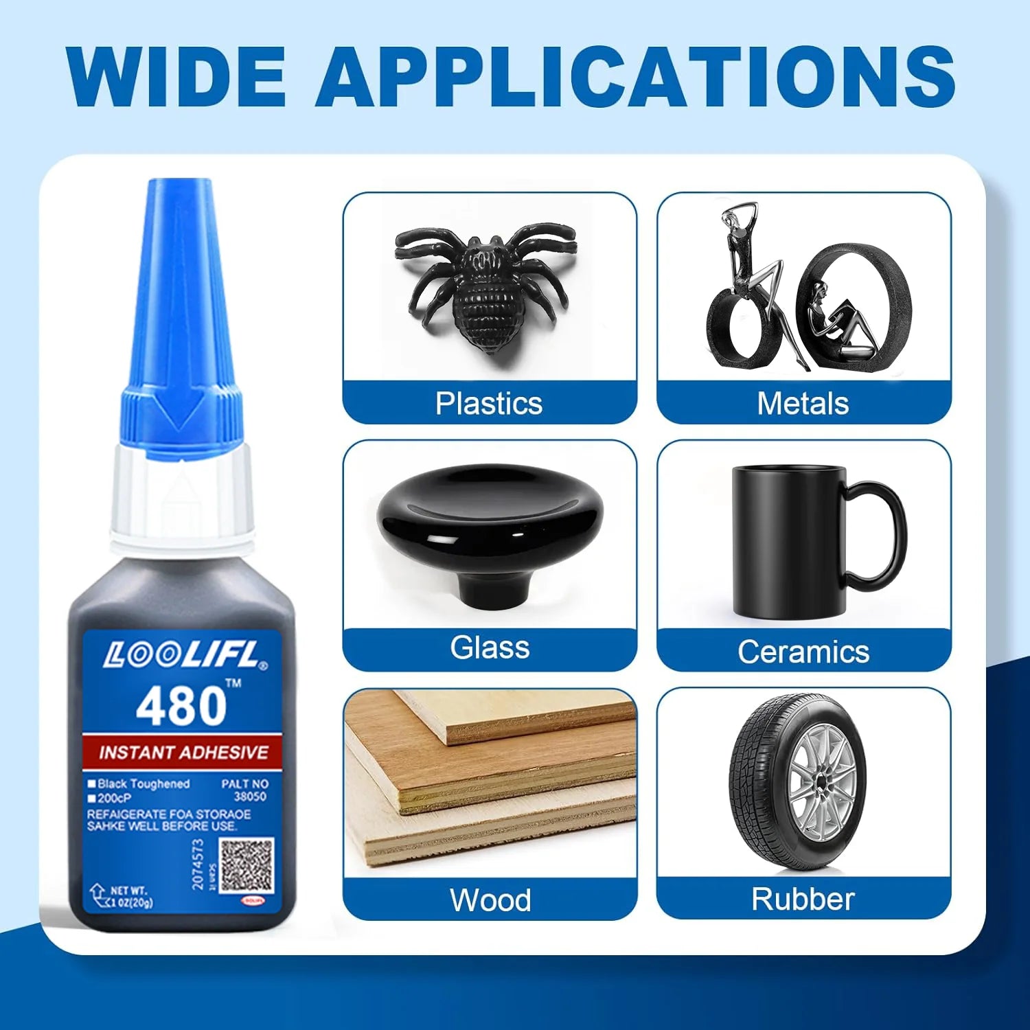 LOOLIFL 480 Upgrade Kit Black Super Glue Cyanoacrylate Adhesive Fast Plastic Wood Metal Tires Rubber Shoes Strong Repair Glue