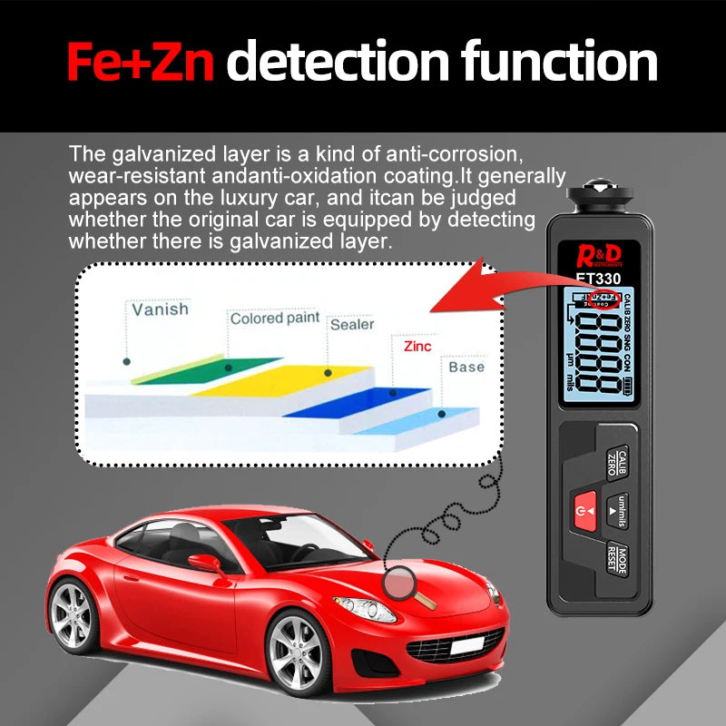 R&D ET330+Zn Car Paint Thickness Gauge Electroplate Metal Coating Thickness Gauge for Car 0-1500um Fe & NFe Coating Tester Meter