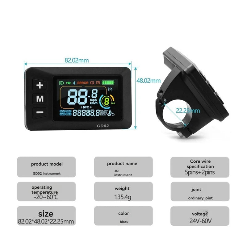 LCD-GD02 Electric Bike LCD Display Meter Dashboard Display Panel 24V 36V 48V 52V 60V for Electric Scooter SM5+2PIN-ABAM