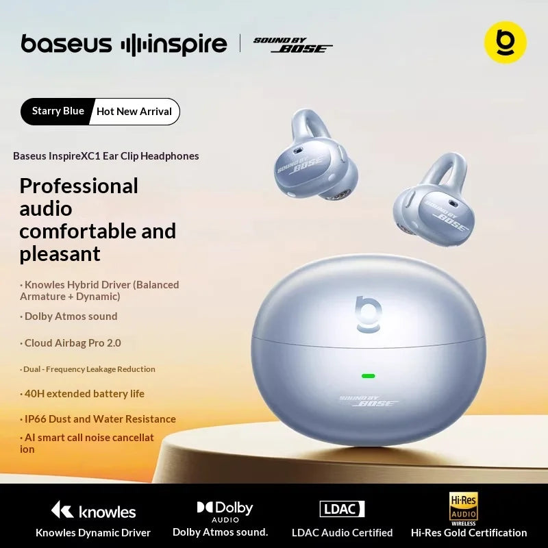 Baseus Inspire XC1 Open Ear Clip Bluetooth Headphones Knowles Hybrid Dual Driver Hi Res Audio LDAC Certified Dolby Audio