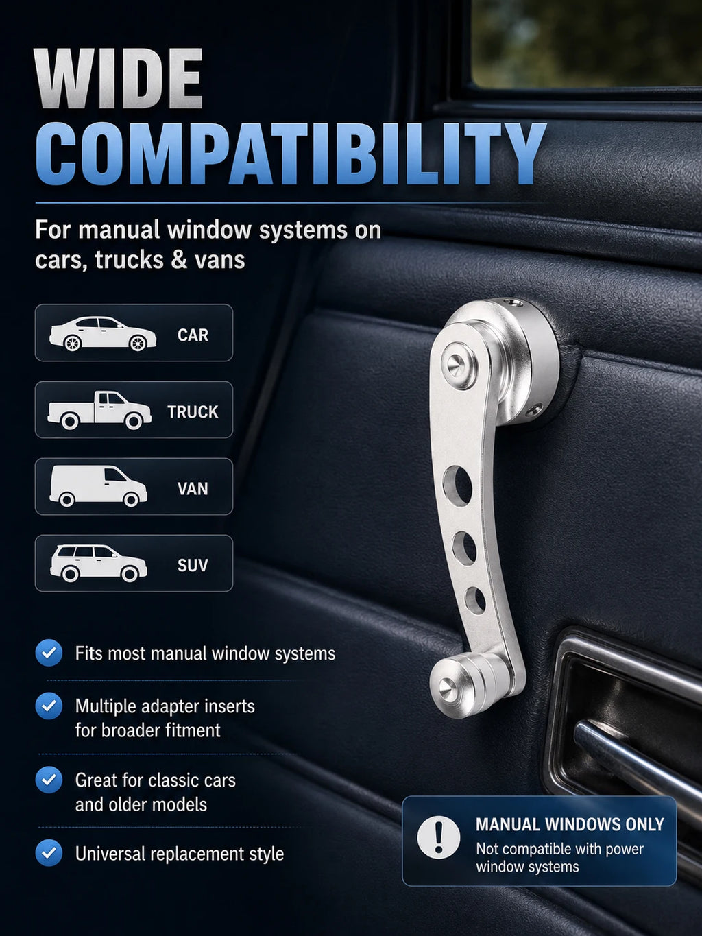 Universal CNC Metal Manual Window Crank Handle Kit Multi Adapter Inserts Window Winder Replacement Set for Cars Trucks Vans with