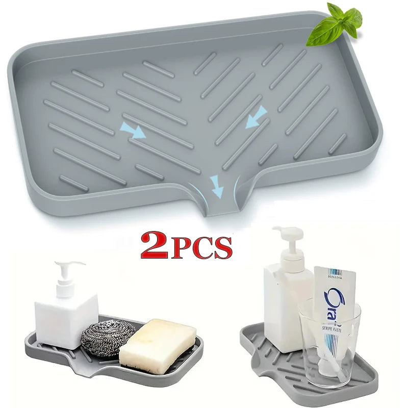 2PCS Silicone Faucet Mat Sink Tray Soap Dispenser Sponge Drain Pad Sink Splash Drying Mat Countertop Storage Tray SoapTray