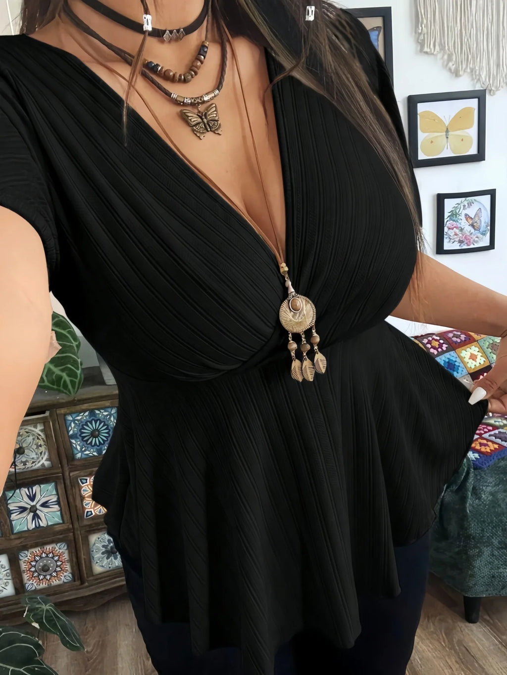 Plus Size Ribbed Knit Tops Deep V Neck Flutter Sleeve Peplum Blouse Curved Hem Casual Tops