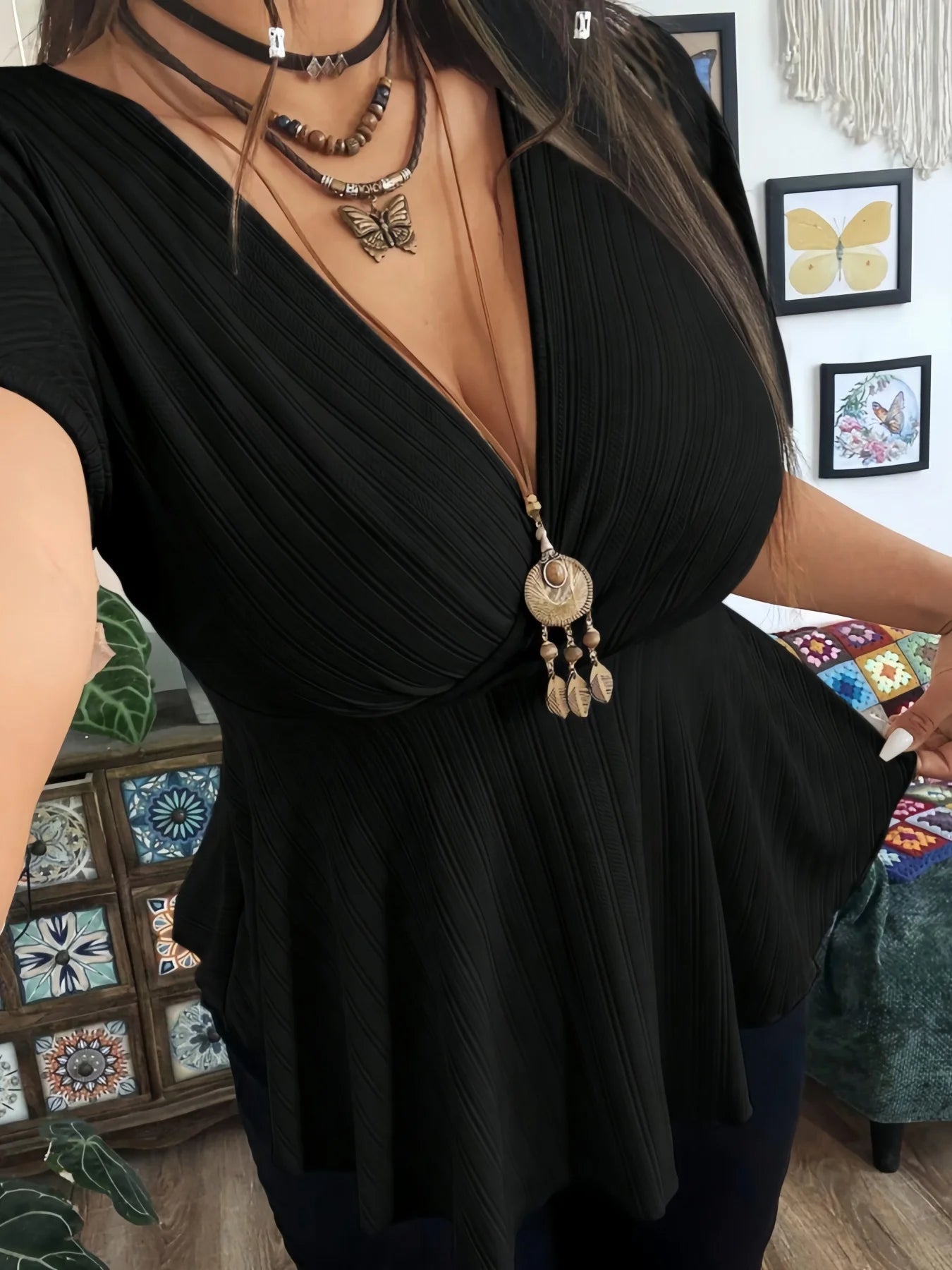 Plus Size Ribbed Knit Tops Deep V Neck Flutter Sleeve Peplum Blouse Curved Hem Casual Tops