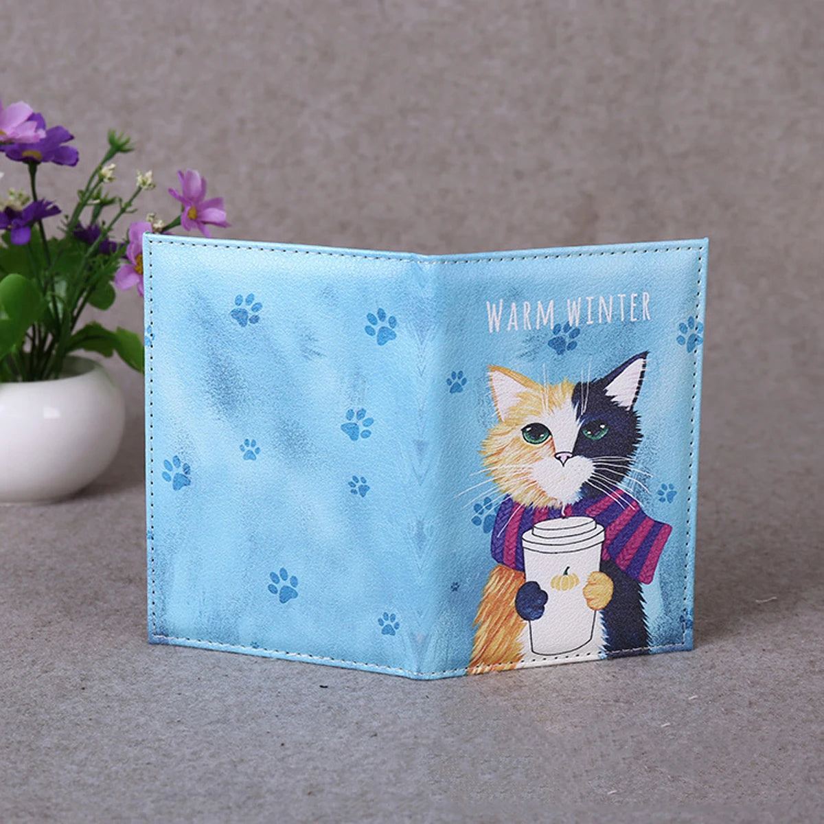 Cartoon cat, PU leather color-printed fashionable passport protective cover, travel document holder, air ticket protective cover