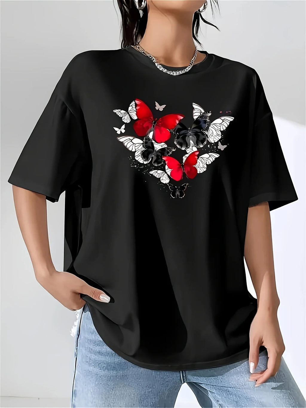 Women's Red Butterfly Heart Print Plus Size T-Shirt Short Sleeve Round Neck Casual Top for & All-Season Wear