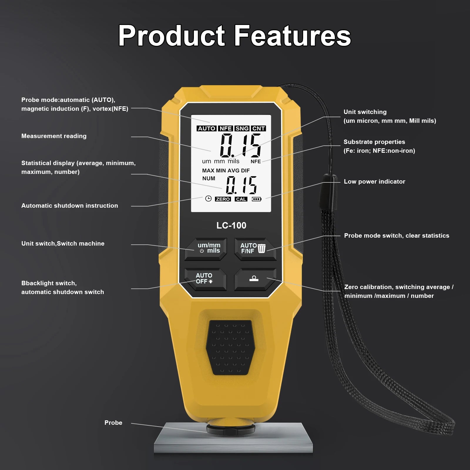 0-2000um High-precision Car Paint Thickness Tester Manual Paint Tools Automotive Coating Film Thickness Gauge for Fe/nfe LC-100